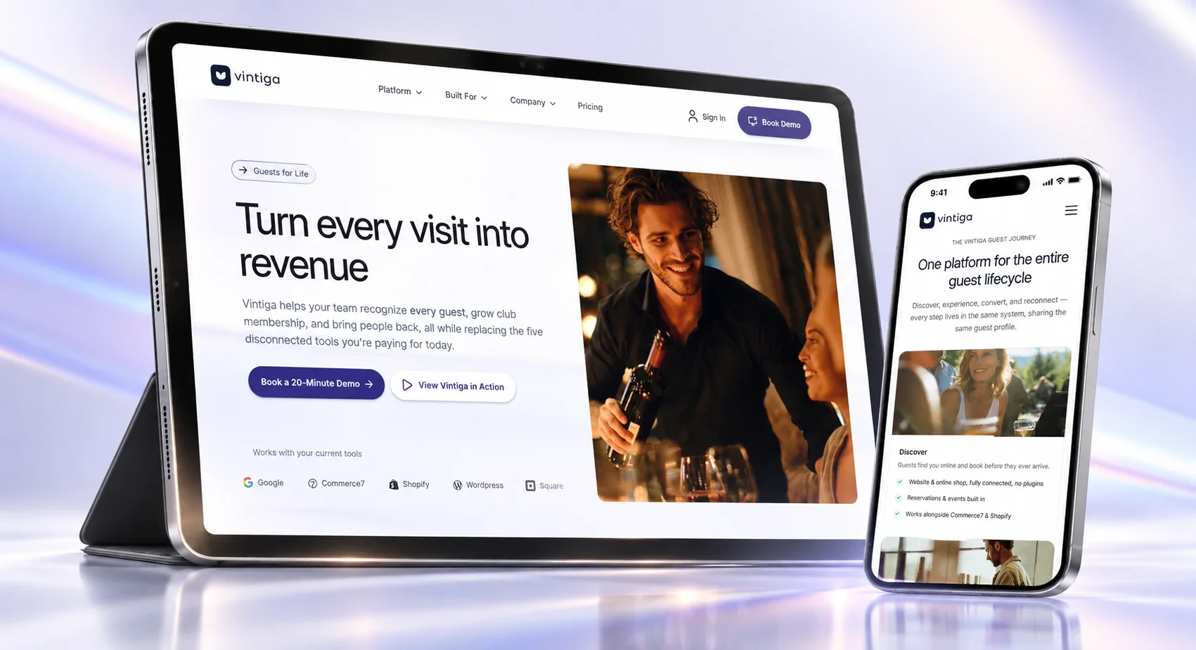 Vintiga marketing site on tablet and phone