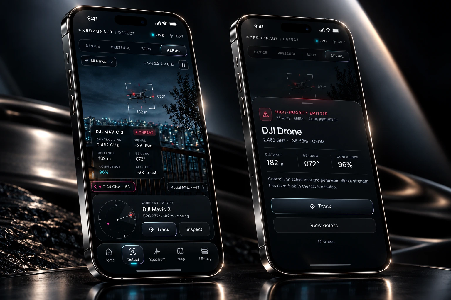 XRONONAUT concept: aerial signal detection and drone alert review